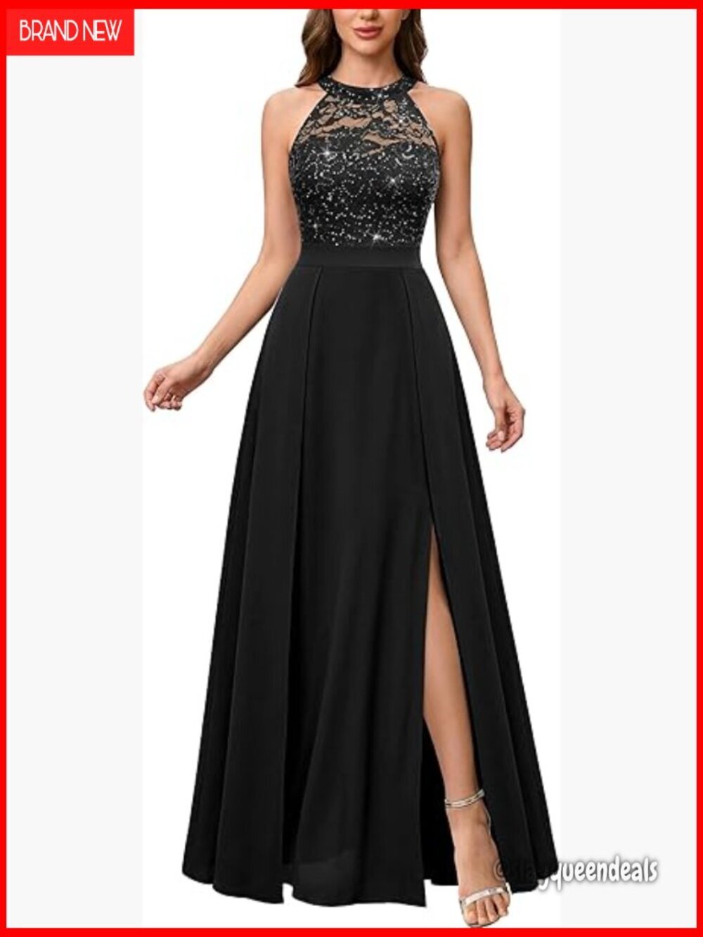 Elegant Halter Lace Sequin Maxi Dress Formal Floor Length Zipper